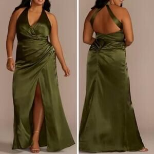 Galina Signature Charmeuse Halter Dress Martini Olive Green David's Bridal sz 18